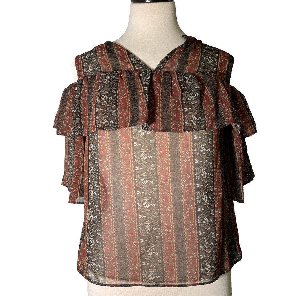 BCBG Maxazria Open Shoulder Top Womens Size M Floral Striped Sheer Ruffle New